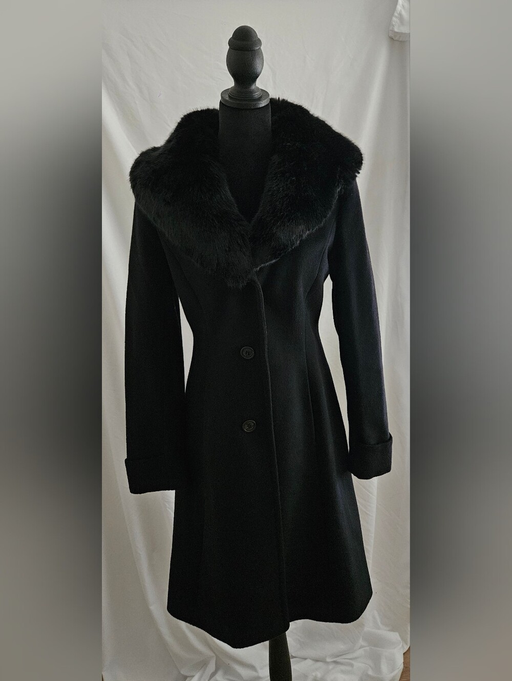 Lauren Ralph Lauren Black Wool Pea Coat with Faux Fur Collar